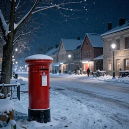 town inspired by Evgeny Lushpin,winter,nighttime,post box,cinematic,art station