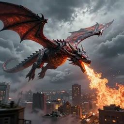 epic detailed cinematic shot of dragon flying over a city through stormy clouds, breathing fire