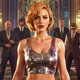 highly detailed upper body portrait christina hendricks wearing shiny plastic crop top during the roaring 2 0 s, artdeco, glistering skin, oiled, in gta v, stephen bliss, unreal engine, fantasy art by greg rutkowski, loish, rhads, ferdinand knab, makoto shinkai and lois van baarle, ilya kuvshinov, rossdraws, tom bagshaw, global illumination, radiant light, detailed and intricate environment