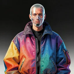 illustration of scientist in clear mask wearing baggy colorful 9 0 s rick owens jacket by frank frazetta. sci fi book cover.