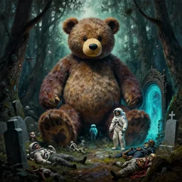 giant oversized teddy bear barbarian and human astronaut in a dark moody scary forest , ful of dead corpses, cyan portal gate next to big graveyard,  extremely textured frazetta oil painting panorama 8k intricate dramatic cinematic mood backlight