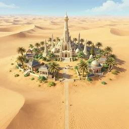 a beautiful isolated small inhabited religious warrior village with pale colored spiritual sacred alien architecture in the lush oasis of a vast flat empty sand desert with dunes, 3 rd person action adventure rpg, screenshot, gameplay, walkthrough, square enix, jrpg, cutscene, concept art, artstation, highly detailed, craig mullins, octane render, 8 k, unreal engine