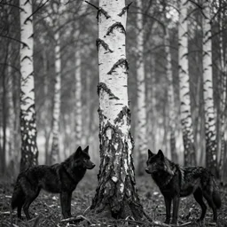birch trees wood, black wolf guarding, monochrome analogue photo quality, blur, unfocus, cinematic, 35mm