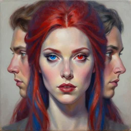 A detailed matte oil on canvas head on symmetrical portrait of a beautiful elven woman with a blue eye and a red eye, and red and blue hair by greg rutkowski and Charlie bowater and lise deharme, trending on artstationhd,  dungeons and dragons art critical role