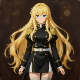 baroque oil painting full body illustration character concept art, anime key visual portrait of young female maid military dictator black uniform, long flowing blonde hair blue eyes, symmetrical perfect face fine detail delicate features quiet gaze, gapmoe kuudere lotr bokeh, solid bg, trending on pixiv fanbox, painted by greg rutkowski makoto shinkai takashi takeuchi studio ghibli