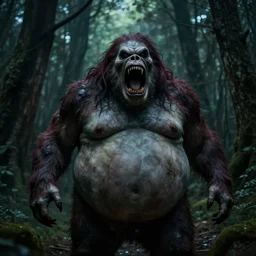 photo of a scary horror obese monster roaring in the dark woods