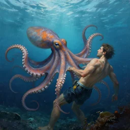 a dream fantasy painting of a octopus and a man fight for their life, in the deep of the ocean, by beksinki, antonio j. manzanedo greg rutkowski, carne griffith trending on artstation, deviantart, photorealism