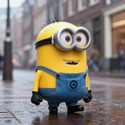 a super cute minion walking on the streets of amsterdam in the rain, movie still, photorealistic 4 k