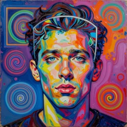 impasto pop - art oil painting portrait of a man with glassed, ecstacy, intricate, illumination, fibonacci fractals, rule of thirds, vaporwave, vibrant colours