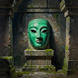 emerald mask on a pedestal inside a forgotten mayan temple, dark, stone and moss, painting by greg rutkowski