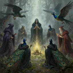 masterful fantastic realist painting of the enchanted summoning rituals of unusual moody birds wearing cloaks, peacock wizardry, weird perspective, digital painting trending on artstation, volumetric lighting and mist, hyperrealistic, octane render