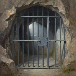 full length painting of jail inside a cave, highly detailed, high resolution, oil in canvas