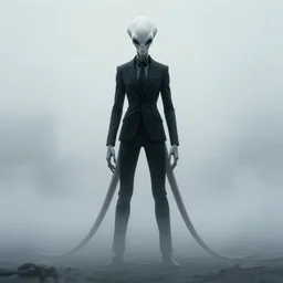 a wide shot for movie poster of a tall white alien wearing a black suit with long tentacles in a middle of foggy and creppy place, dramatic lighting, atmosphere fog, god rays, photograph, shot by canon r6, with a text slenderman, with H. P. Lovecraft vibe