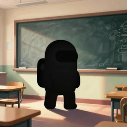 silhouette of among us character in school lunchroom, chalkboard