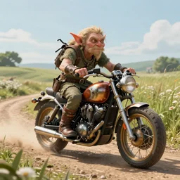 a goblin wearing high riding boots riding a steampunk motorcycle on a dirt road in a meadow in mid day, volumetric light, hyperdetailed, artstation, cgsociety, 8k