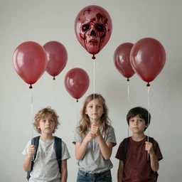 kids holding balloons made of disembodied bleeding heads, horror