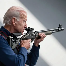 Joe Biden aiming assault rifle at the camera
