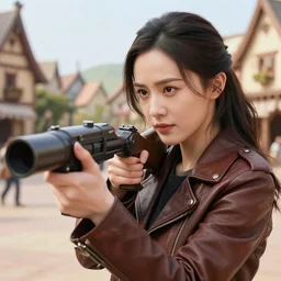 stunning!!! disney - like!!! close up on a young adult woman in a leather jacket in a medieval town square pointing a machine gun at the lens, disney pixar movie still, high detail, natural light, ray tracing, trending on artstation, 4 k, ultra hd, blu ray