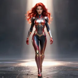 vfx, octane render, zbrush, beautiful anatomically correct woman, wearing spandex armour with flowing red hair and green eyes, super hero full body, walking towards the camera, volumetric lightning, highly detailed, UE5 render, art station, center of picture.