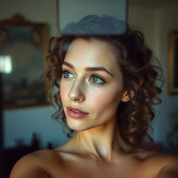 female influencer face instagram selfie photo of looking to the left with curly hair in room mona lisa face # photography # nofilter # beauty