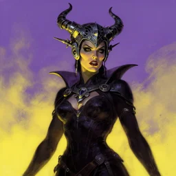 evil princess of the wasteland, scrap metal headdress, strong line, deep color, yellow purple, cloudy sky, beautiful! coherent! by brom, by frank frazetta, low angle