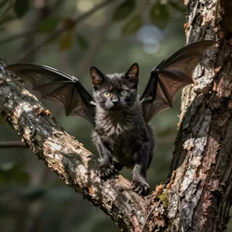 a bat kitten, in a tree, wings out, Nikon, telephhoto 200mm
