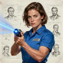 epic portrait of slightly muscular woman wearing short sleeved uniform in blue and carrying a laser pointer in front of a blueprint, detailed, digital painting, artstation, concept art, donato giancola, joseph christian leyendecker, wlop, boris vallejo, breathtaking, 8 k resolution, extremely detailed, beautiful, establishing shot, artistic, hyperrealistic, beautiful face, octane render