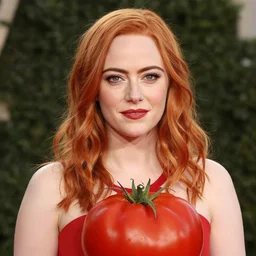 full portrait of emma stone dressed as a tomato, hyper detailed, award winning