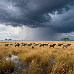 distant cyberpunk wildlife herds on the african plains, long grass, sparkling water, glistening, dramatic clouds, rain, extreme weather, hyper realistic, hyper detailed, digital art, trending in artstation, cinematic lighting, vibrant, studio quality, smooth render, unreal engine 5 rendered, octane rendered, by jesper ejsing, wlop, paul lehr