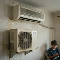 dirty air - conditioning machine in the bedroom of a young teenager the wet walls crumbling, blurred, faded, depth of field, ultra realistic, very detailed, by gerhard richter, nadav kander, 8 k hyper realistic detailed cinematic still