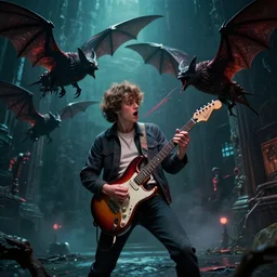 stranger things photo of eddie munson in the upsidedown playing electric guitar, giant demon bats trying to bite him, cinematic, 8 k
