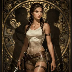 lara croft medieval, dark, shadows, intricate, elegant, highly detailed, artstation, concept art, sharp focus, illustration, alphonse mucha