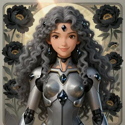 a young female mythical mayan mecha tribal warrior girl, goddess of obsidian diamonds and black peonies, with long curly gray hair, perfectly proportioned face, wearing a robot suit from neon genesis evangelion, brown eyes, sweet smile, strong jawline, natural lighting, path traced, god rays, highly detailed, art nouveau, high quality, cartoon, digital painting, by new haicheng studio ghibli and riccardo federici and alphonse mucha bouguereau and donato giancola, muted colors