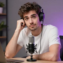 handsome Portuguese male twitch streamer looking confused at his expensive microphone which isn't working, high quality photo, 4k