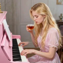 highly detailed russian girl with long blond hair playing a pink piano with a cup of tea, masterpiece art