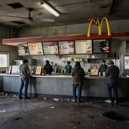 the inside of an old abandoned mcdonalds where many people were killed. it hasn't been entered in 2 4 years. view is of the counter where you would order food, the menu board, and the kitchen. professional photography