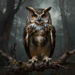 an extremely detailed masterpiece surreal painting of a great horned owl ion tree limb, in the style of brian froud, brian despain, brian bolland, digital art, unreal engine, volumetric lighting, dark moody lighting, post apocalyptic, trending on artstation, photorealistic, epic scene, extremely moody lighting,