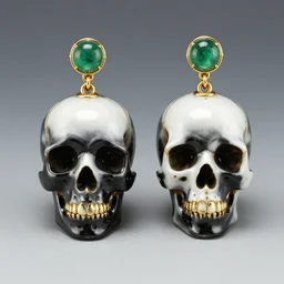 artnouveau skull earrings made by René lalique  in black, white and emerald and gold