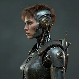 a rugged merkel with cybernetic enhancements, scifi character portrait by greg rutkowski, esuthio, craig mullins, 1 / 4 headshot, cinematic lighting, dystopian scifi gear, gloomy, profile picture, mechanical, half robot, implants, steampunk
