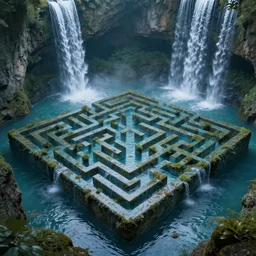 concept art, maze made of water, deep undergound waterfalls, photo real, ultra detailed, beautiful matte painting, ultra detailed, 8 k render