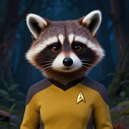 a portrait of a female raccoon in starfleet uniform at night in a dark forest. zootopia fursona furaffinity furry art detailed face painting by gaston bussiere craig mullins jc leyendecker gustav klimt artgerm greg rutkowski furry