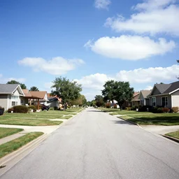 liminal space suburban neighborhood, with blue sky, and clouds, very bright day, 2 0 0 8 photograph