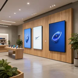 2 0 3 0 s flagship retail interior. experience. telco digital screens phones. wood, polished concrete, neon, ceiling spots. plants. samsung microsoft apple nike adidas tesla muted colors. by studio ghibli!!!!!!!!!!!!!!