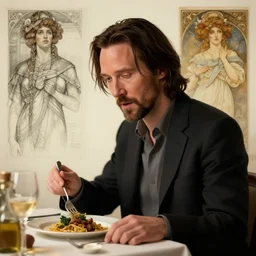 keanu reeves eating dinner, character sheet, character design, contrast, deep focus, turnaround, highly detailed, dramatic lighting, digital painting, artstation, concept art, matte, sharp focus, illustration, elegant, art by artgerm and greg f and alphonse mucha.
