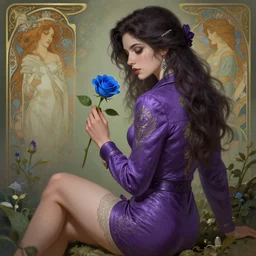 purple jacket tattooed attractive girl sits on a garden holding a blue rose, deep focus, turnaround, fantasy, intricate, elegant, highly detailed, digital painting, artstation, concept art, matte, sharp focus, illustration, hearthstone, art by artgerm and greg rutkowski and alphonse mucha.