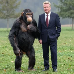 jeremy clarkson standing next to an ape in wearing a suit, press photo
