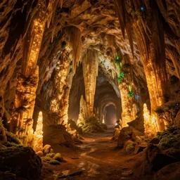 a bulbous gigantic cave interior with glowing stalagtites and stalgmites  biochemical glowing moss gieger star wars cavern interior dungeon interior deep cooridors ilm, beeple, dungeons and dragons mines, warm saturated colours
