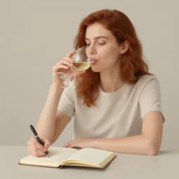 a woman drinking wine, writing in journal, auburn hair, limited neutral palette, by pascal campion, petros afshar, anton fadeev, dean ellis, randolph stanley hewton, beautiful graphic full body portrait, propaganda poster art 1 9 7 0 s illustrated advertising art, painterly character design