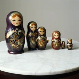 aligned xenomorph nesting dolls, on marble table. by h. r. giger and ernst haas. photography color
