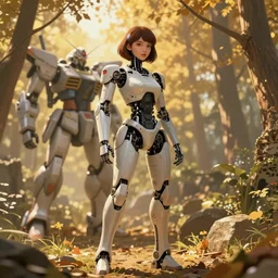 a beautiful illustration of a female robot in the forest near a mecha, autumn, golden hour, moebius, cinematic